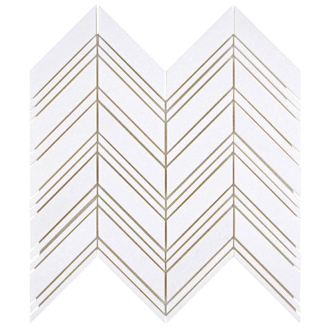 White Thassos Large Chevron Mosaic with collection installation in brilliant white natural marble.