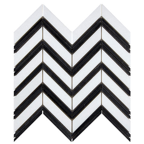 White Thassos Chevron with Black Strips with black accent and collection installation in brilliant white natural marble.