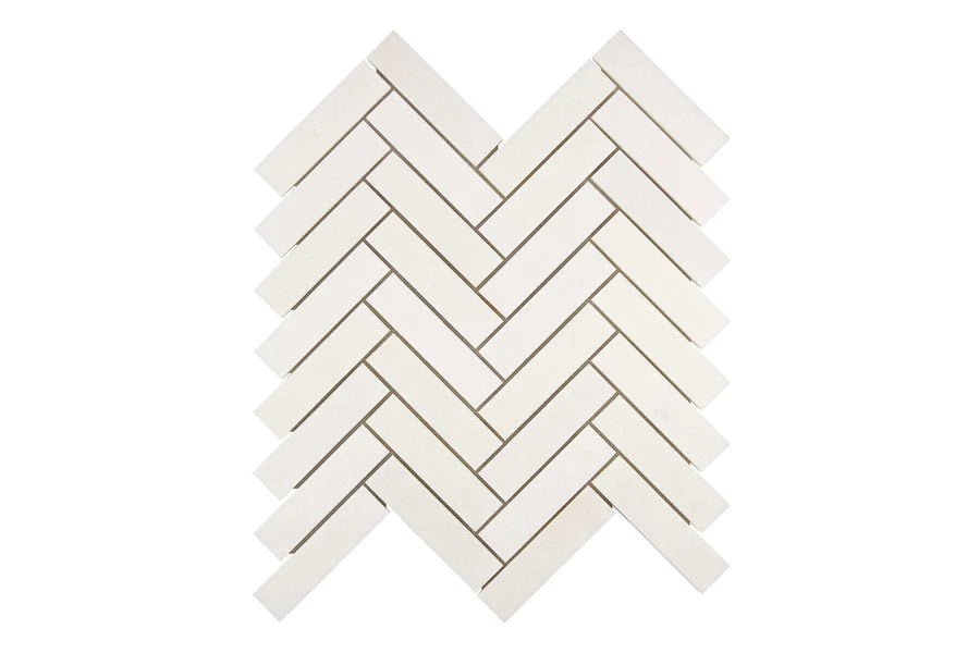 White Thassos 1×4 Herringbone Mosaic with polished and honed in brilliant white natural marble.
