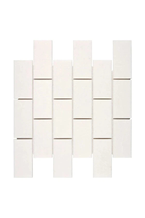White Thassos 2×4 Mosaic with polished and honed in brilliant white natural marble.