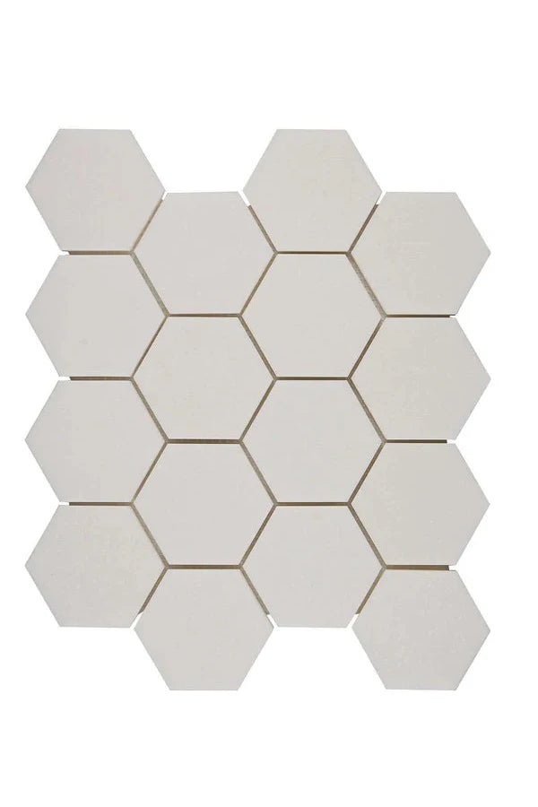 White Thassos 3-Inch Hexagon Mosaic with polished and honed in brilliant white natural marble.
