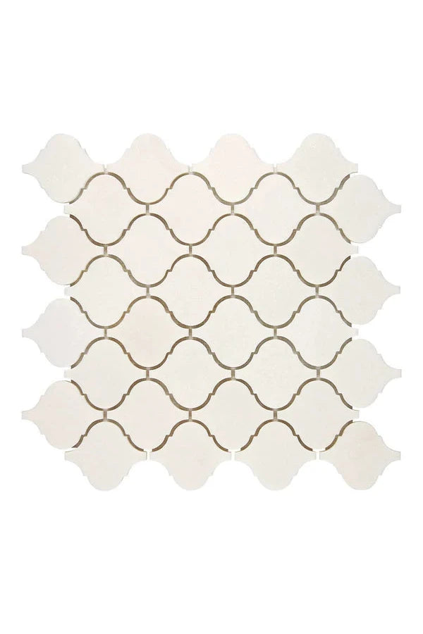 White Thassos Arabesque Mosaic with polished and honed in brilliant white natural marble.