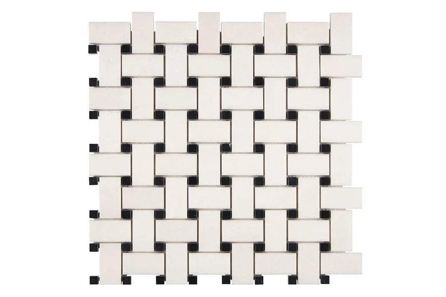 White Thassos Basketweave with Black Dots with polished and honed in brilliant white natural marble.