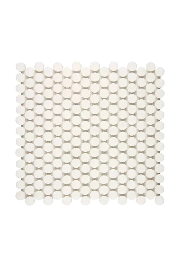 White Thassos Penny Round Mosaic with polished and honed in brilliant white natural marble.