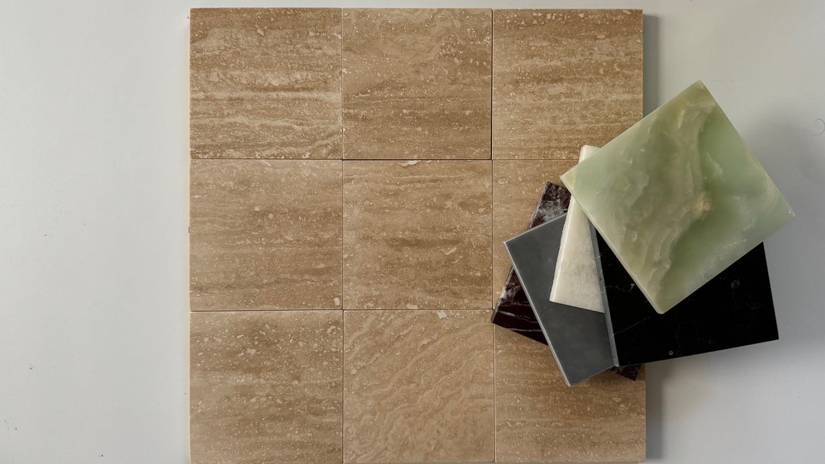 Vein-cut Ivory Travertine material reference for the checkerboard pairing.