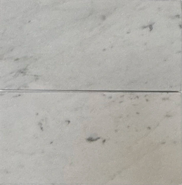 Carrara White Gioia marble 3×6 subway tile showing soft white and gray veining.