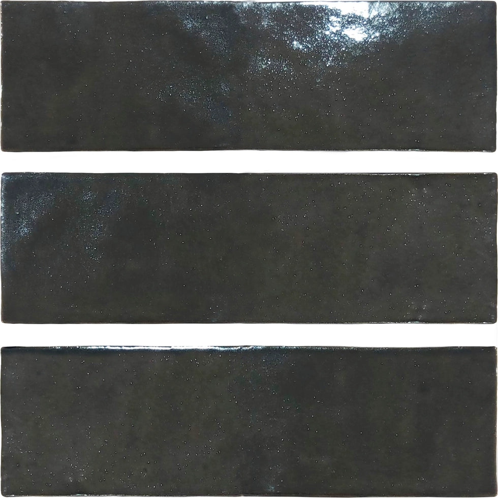 Zellige Charm Onyx Black elongated semi-gloss ceramic wall tile.