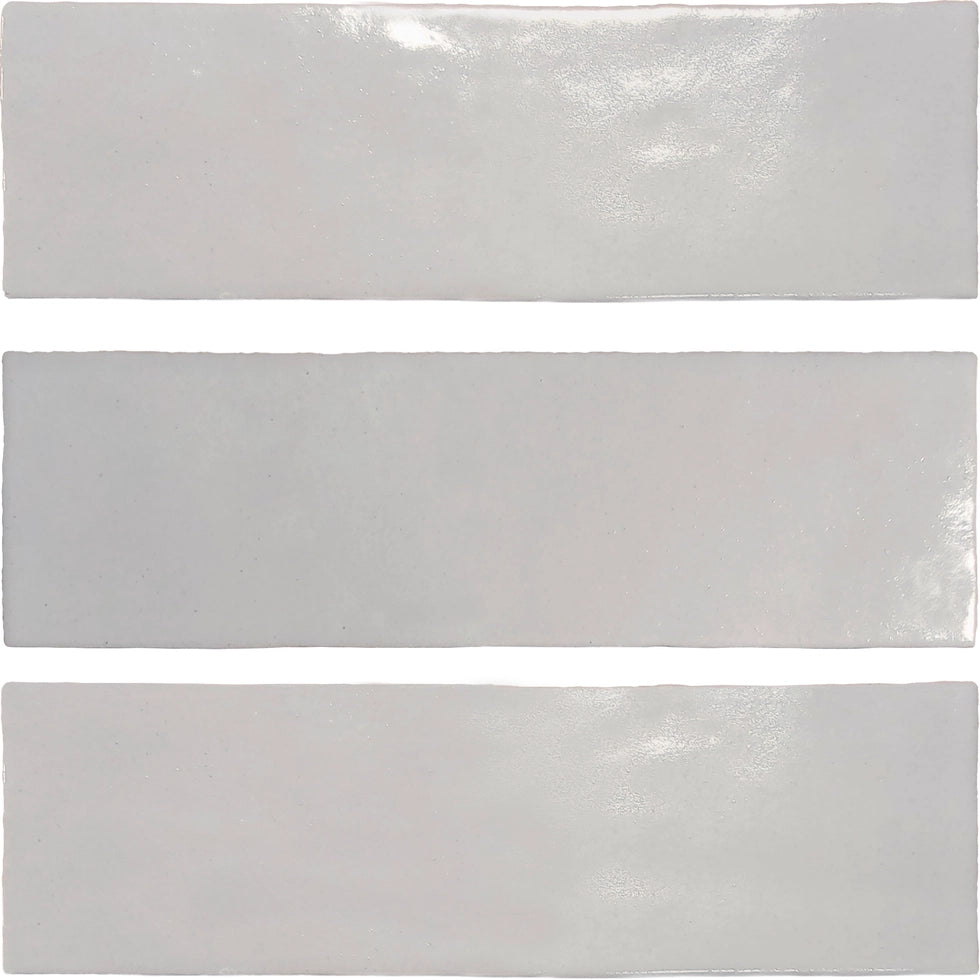 Zellige Charm Pearl Gray elongated semi-gloss ceramic wall tile.