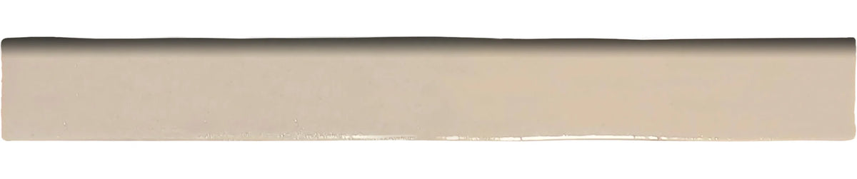 Zellige Charm Sandstone 1×8 semi-gloss ceramic bullnose trim.