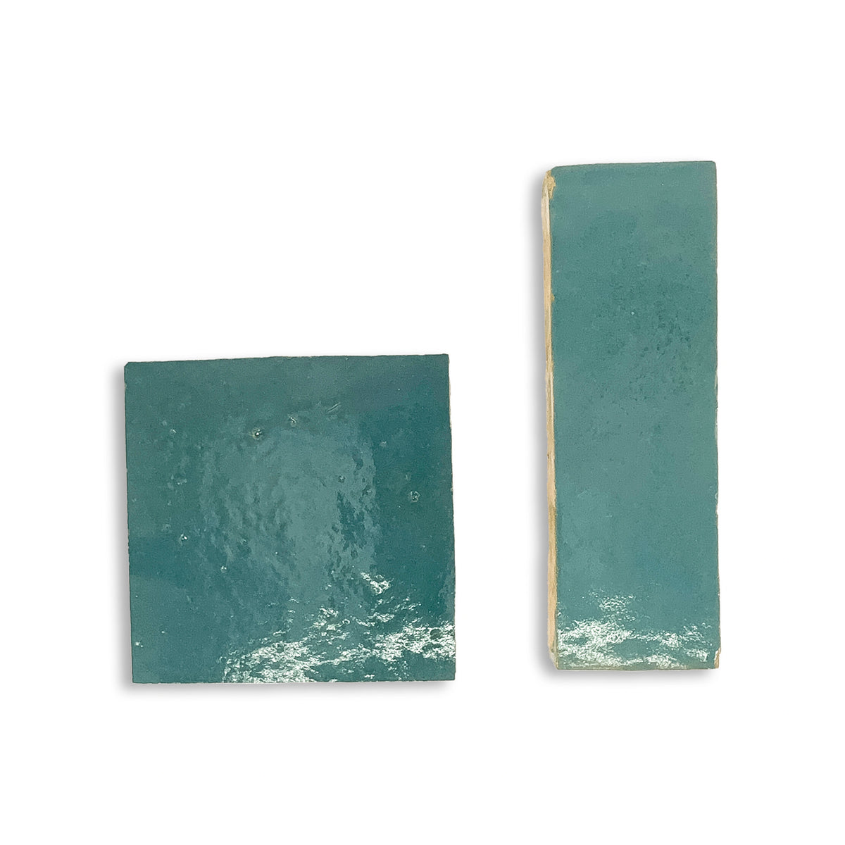 Azure Medina glossy handmade Moroccan Zellige in 2×6 and 4×4 formats.