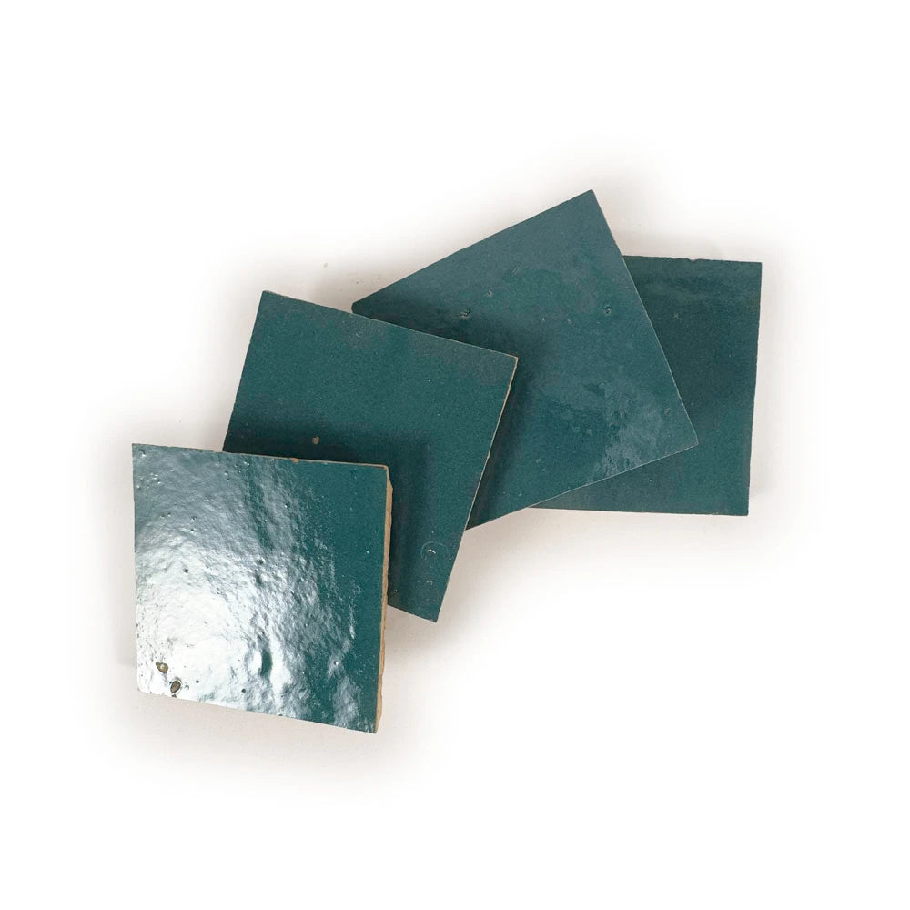 Azure Medina glossy handmade Moroccan Zellige 4×4 tiles showing natural variation.