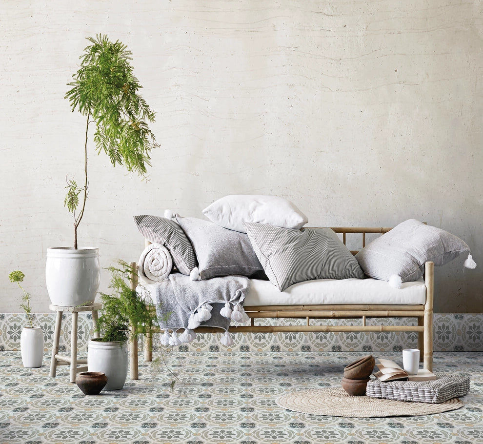 Zellige Charm Sahara Geometry 8×8 porcelain tile installed on a living room floor.