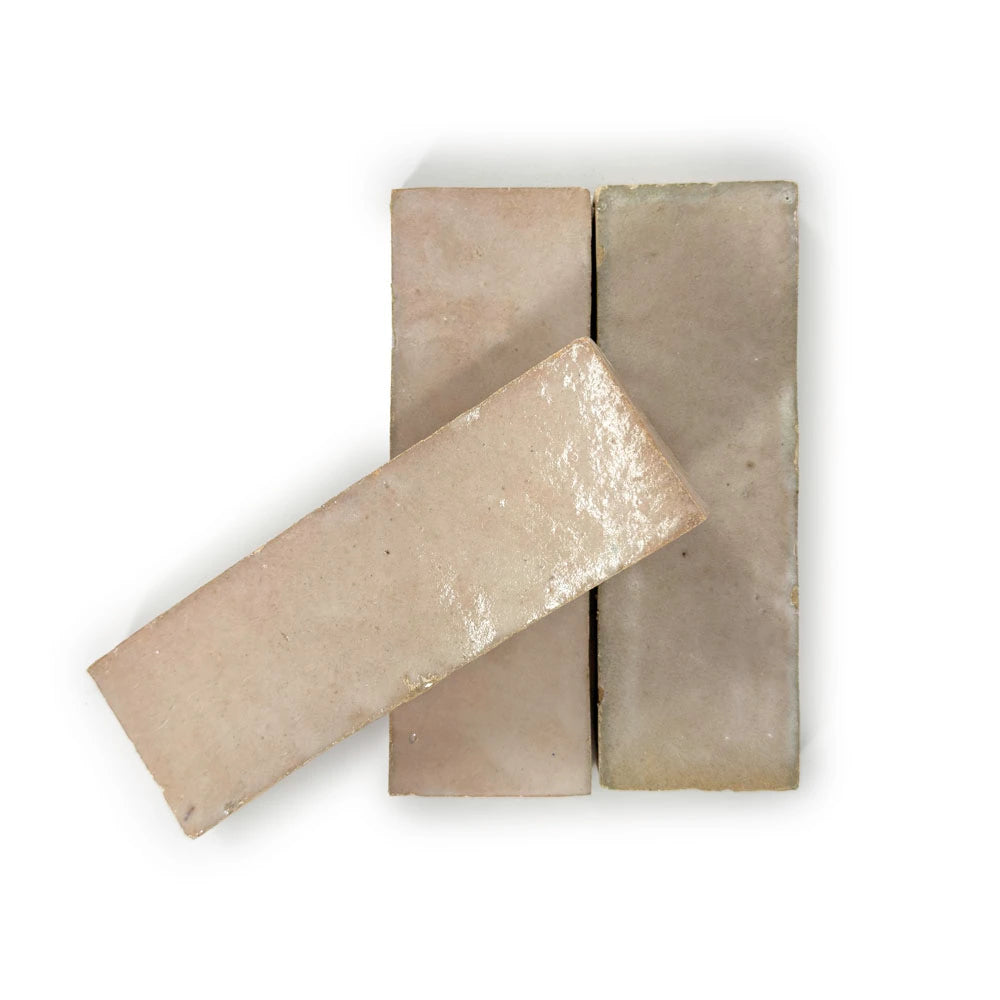 Desert Blush glossy handmade Moroccan Zellige 2×6 rectangular wall tile.