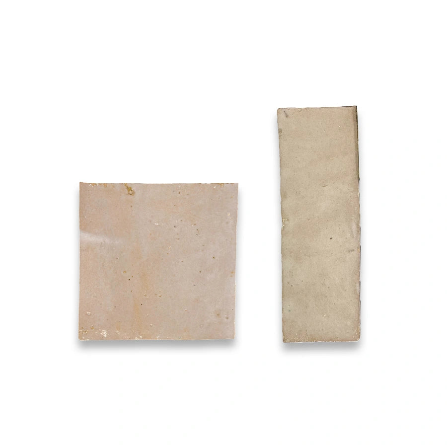 Desert Blush glossy handmade Moroccan Zellige 4×4 and 2×6 tile formats.