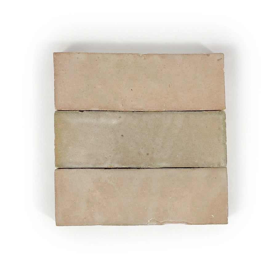 Desert Blush glossy handmade Moroccan Zellige 2×6 rectangular wall tile in a stacked layout.