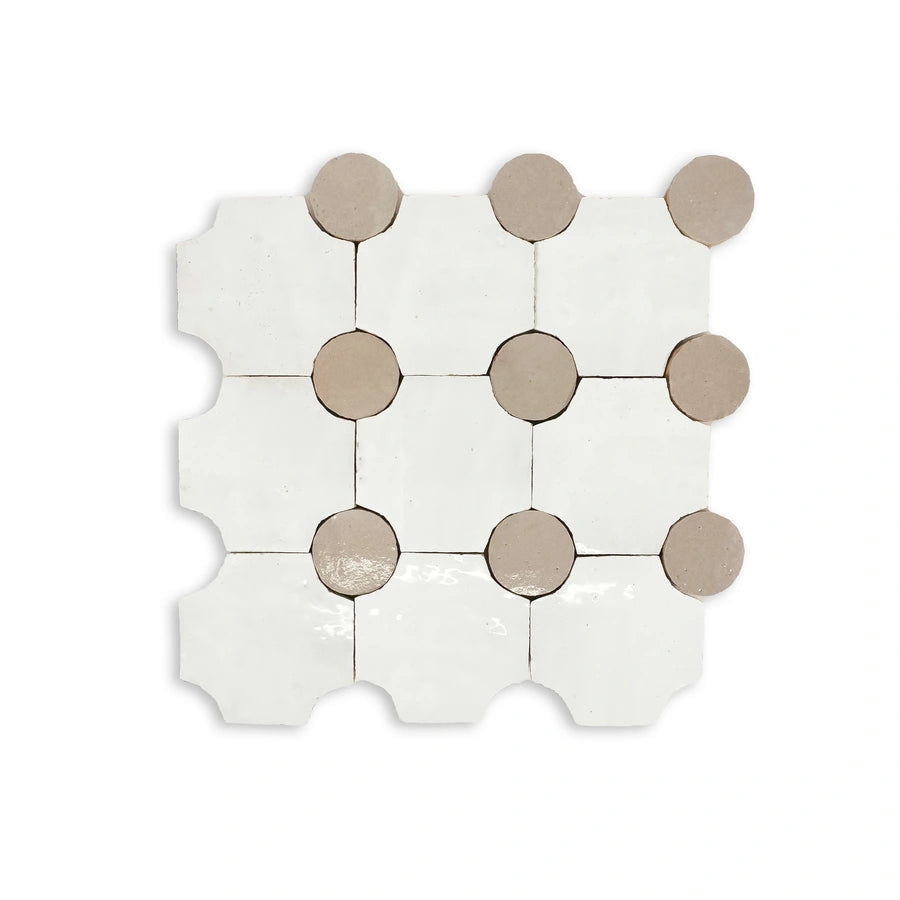 Close view of the glossy handmade Zellige Tapis mosaic pattern.