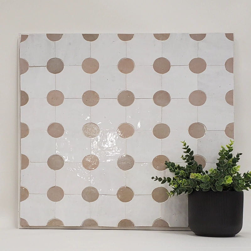 Handmade Moroccan Zellige Tapis mosaic in Terracotta Rouge and light-toned accents.