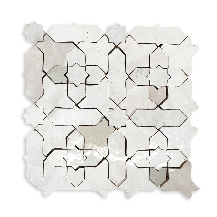 Glossy handmade Zellige Cross mosaic detail in Sahara Cream and Casablanca White.