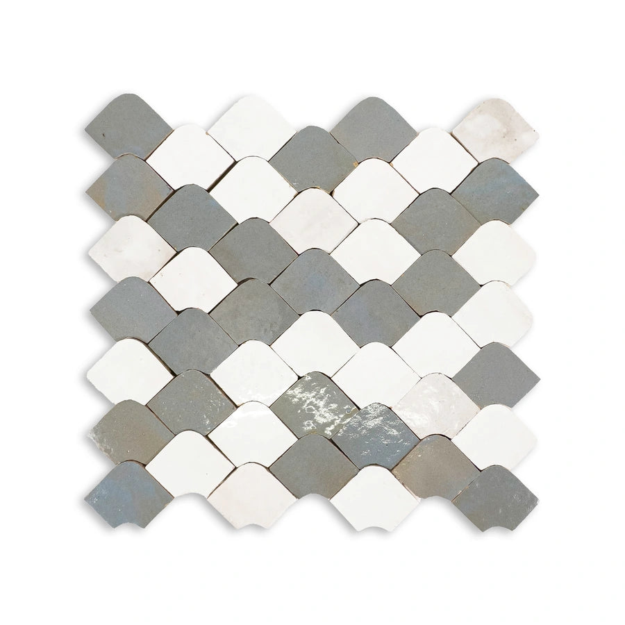 Glossy Chouari Zellige mosaic showing handmade surface and color variation.