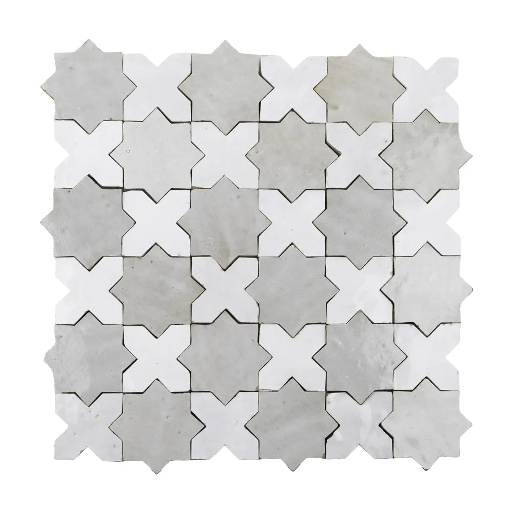 Handmade Moroccan Zellige Starburst mosaic in Casablanca White and Terracotta Rouge.