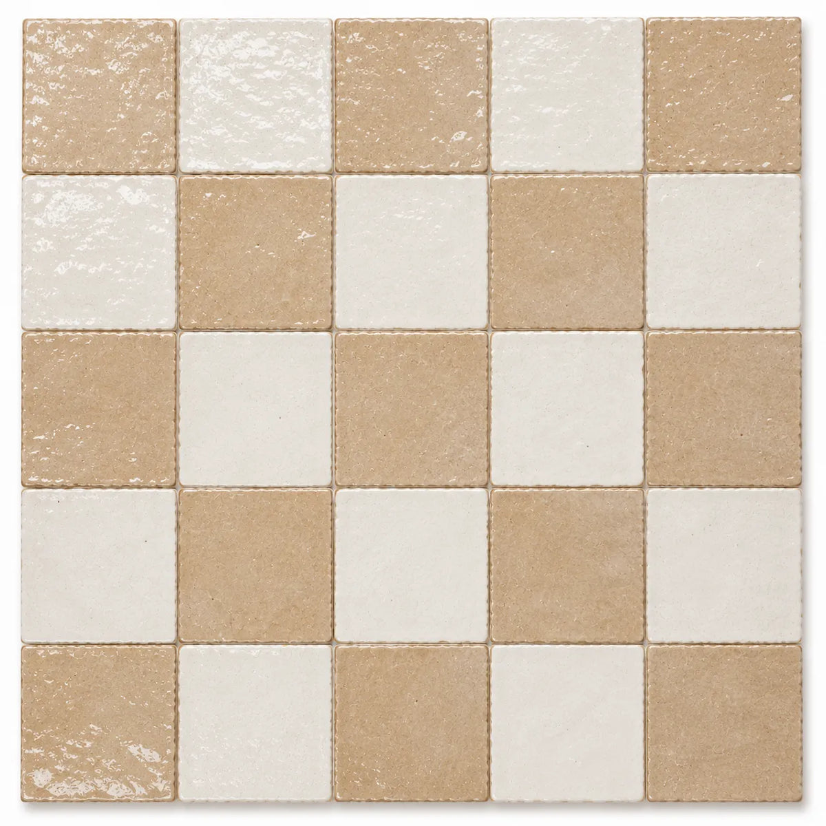Adeline 4×4 glossy Zellige checkerboard tile in Sand & Ivory.