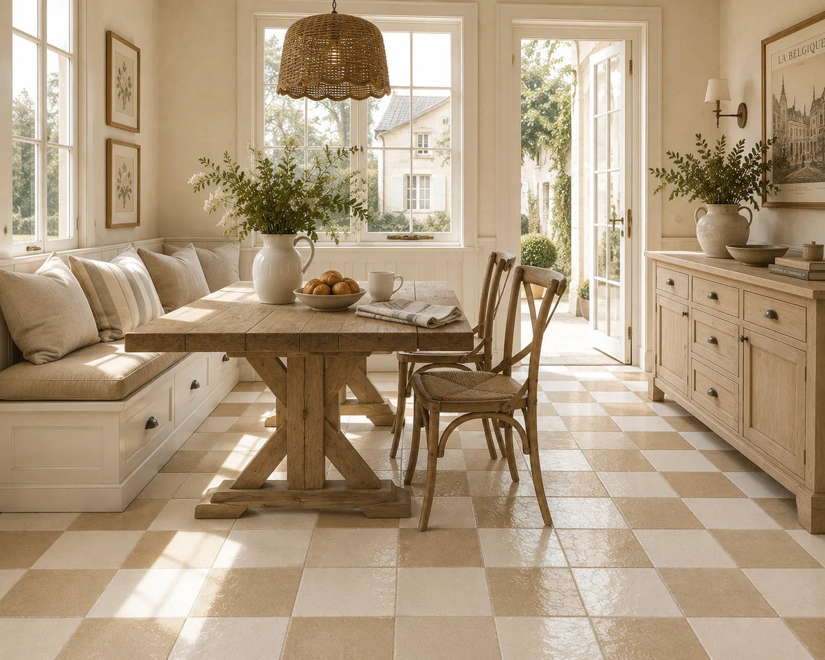 Adeline 4×4 Zellige checkerboard installed in a breakfast room, Sand & Ivory.