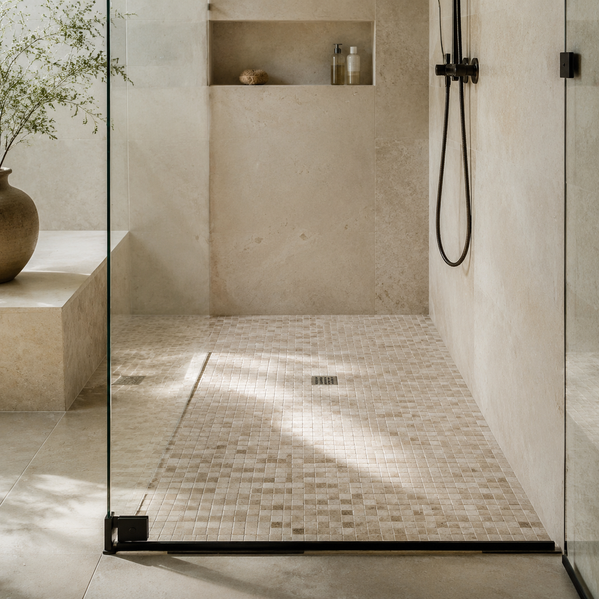 Small-format natural stone mosaic tile installed on a walk-in shower floor with visible grout joints and drain.