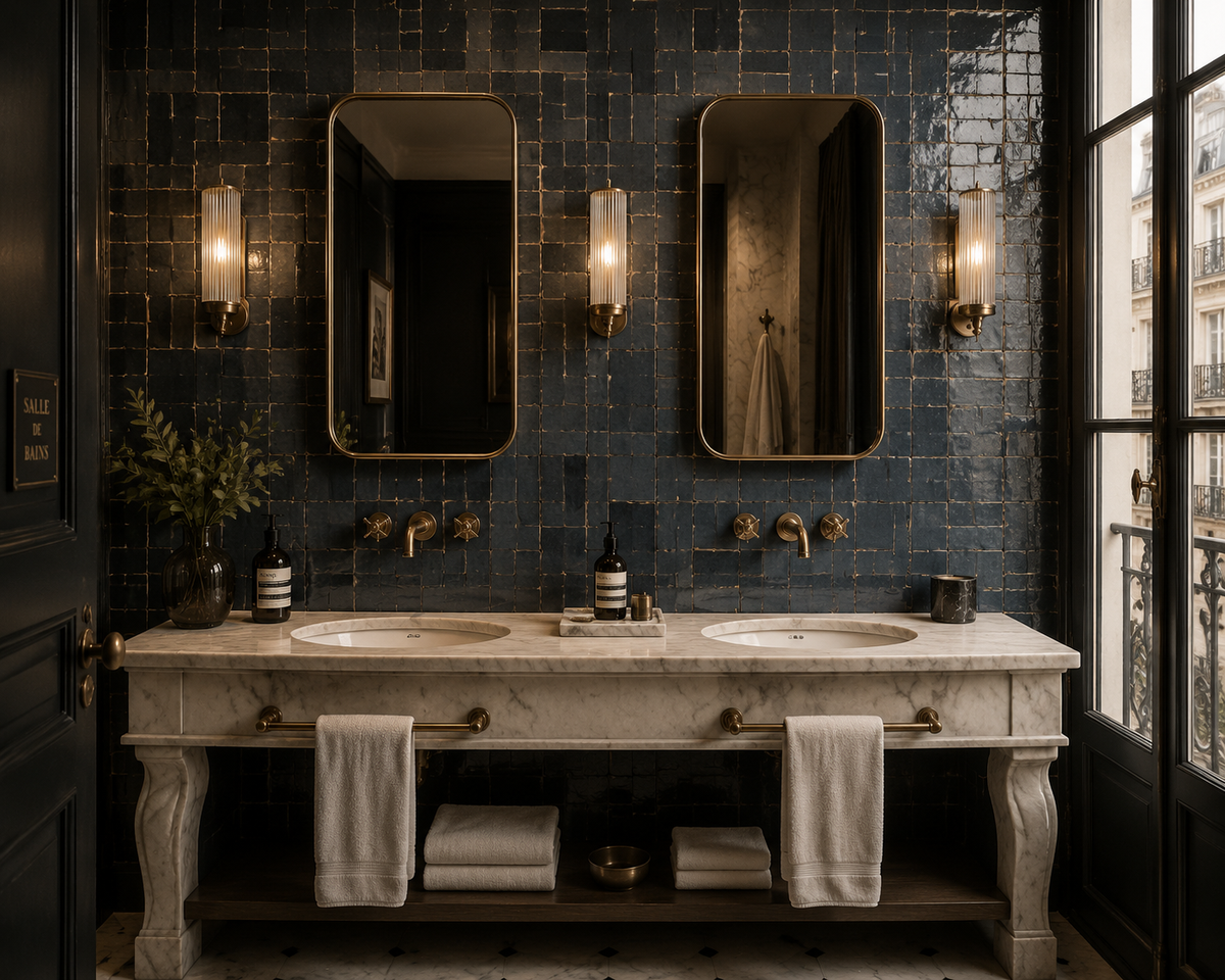 Luxury Parisian boutique hotel bathroom featuring Atlas Indigo handmade Moroccan Zellige mosaic tiles on the vanity wall, marble countertop, antique brass fixtures, and elegant dark-toned interior design.