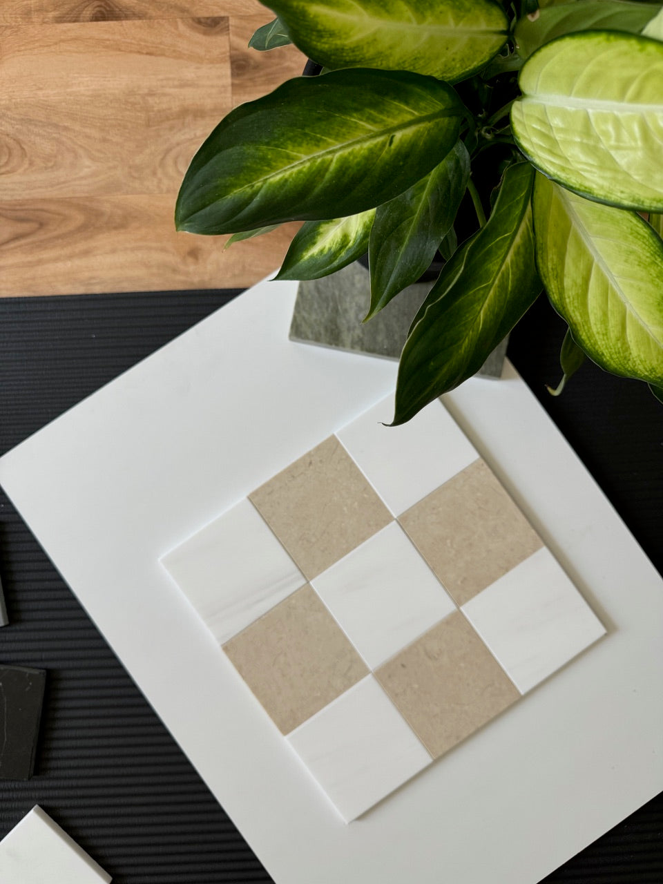 Crema Marfil & Bianco Dolomite multi-size polished or honed natural-stone checkerboard tile pattern.