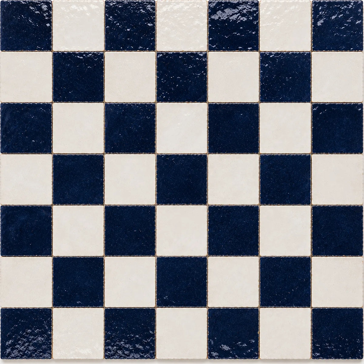 Pattern repeat of Camille 4×4 Zellige checkerboard in Indigo & Ivory.