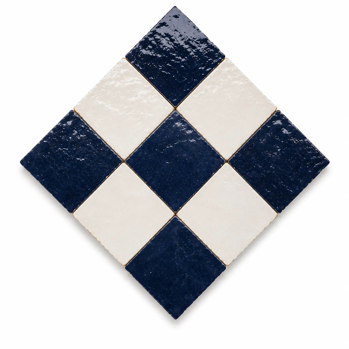 Camille 4×4 Zellige checkerboard in a 45-degree diamond layout, Indigo & Ivory.
