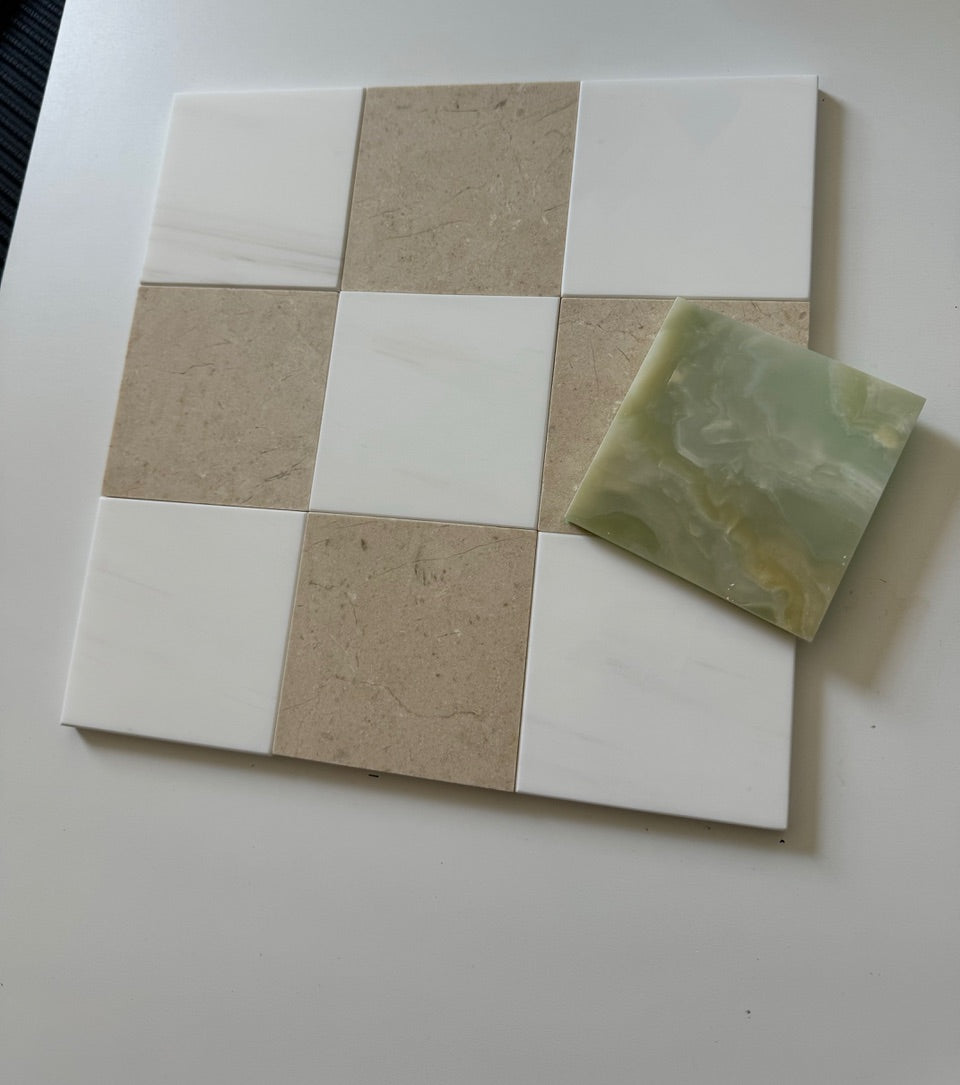 Crema Marfil & Bianco Dolomite multi-size polished or honed natural-stone checkerboard tile pattern.