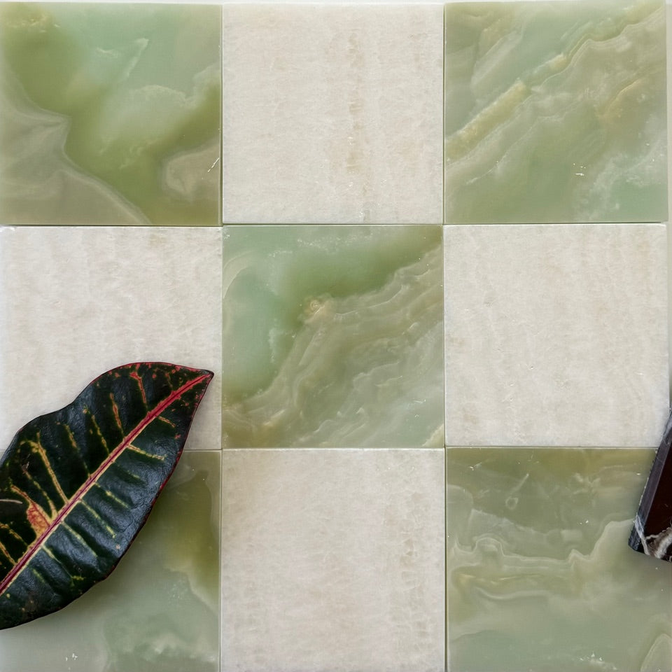 Vanilla Onyx and Green Onyx checkerboard installation concept.