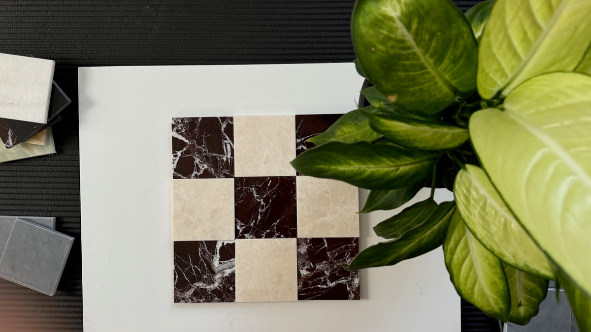 Rosso Levanto and White Pearl checkerboard reference.