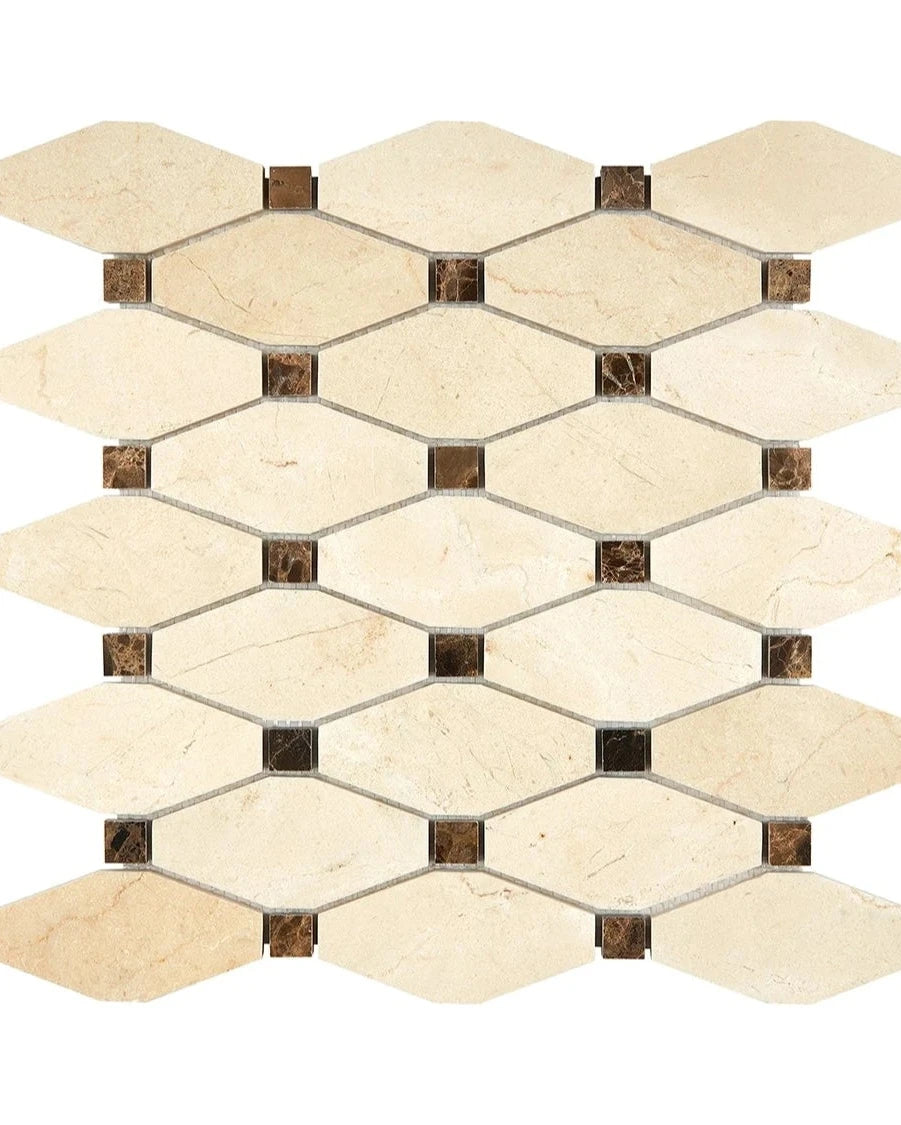Crema Marfil elongated hexagon mosaic with Emperador Dark dots in polished or honed finish.
