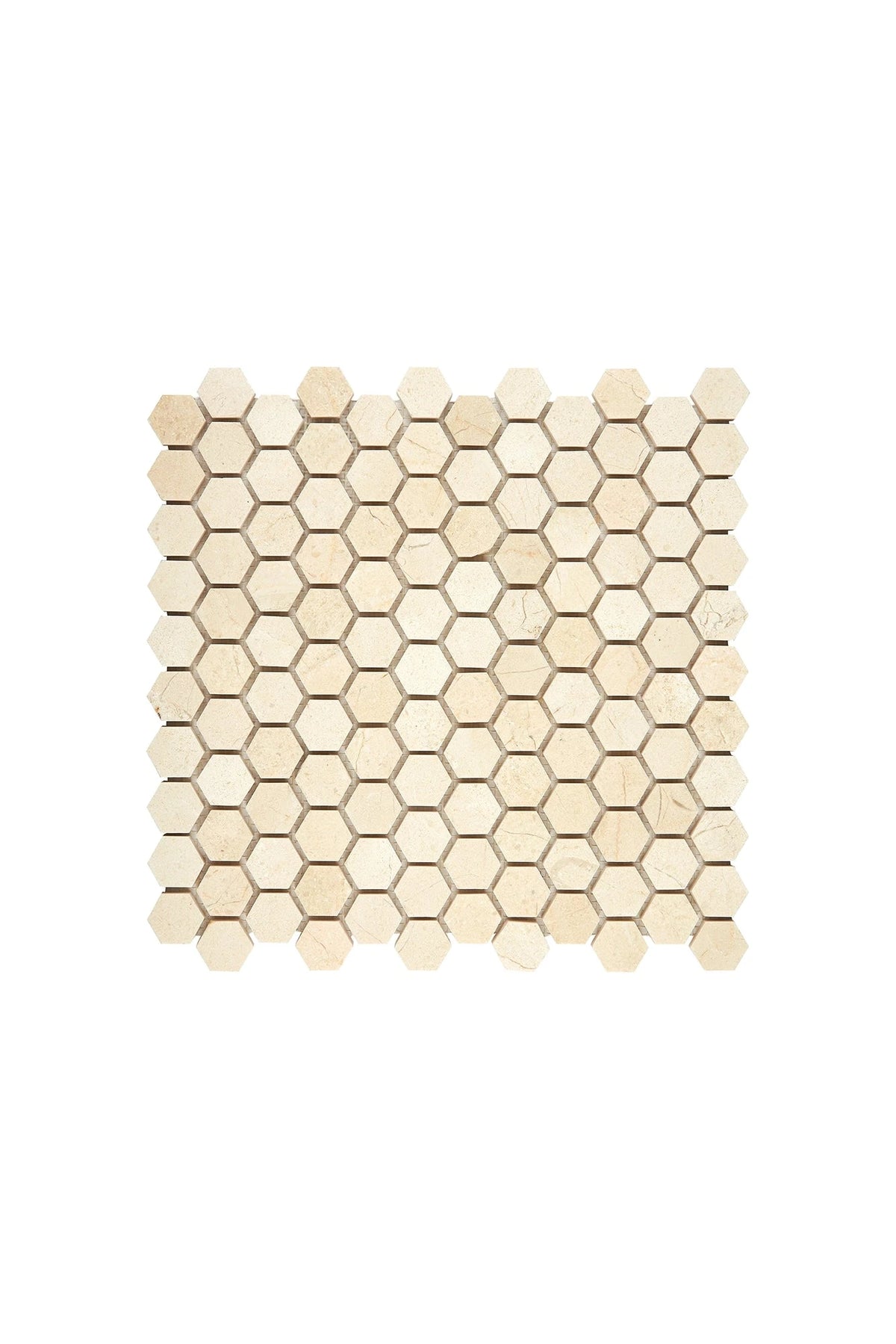 Crema Marfil 1-inch hexagon marble mosaic in polished or honed finish.