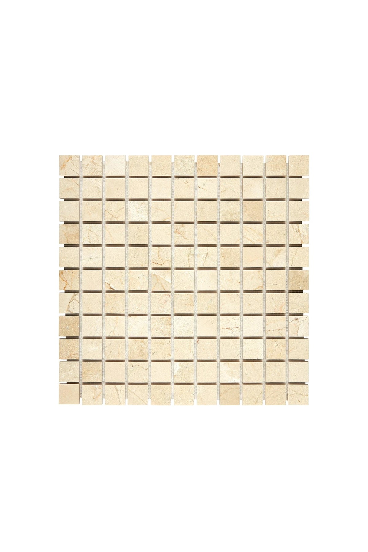 Crema Marfil 1×1 square marble mosaic in polished or honed finish.