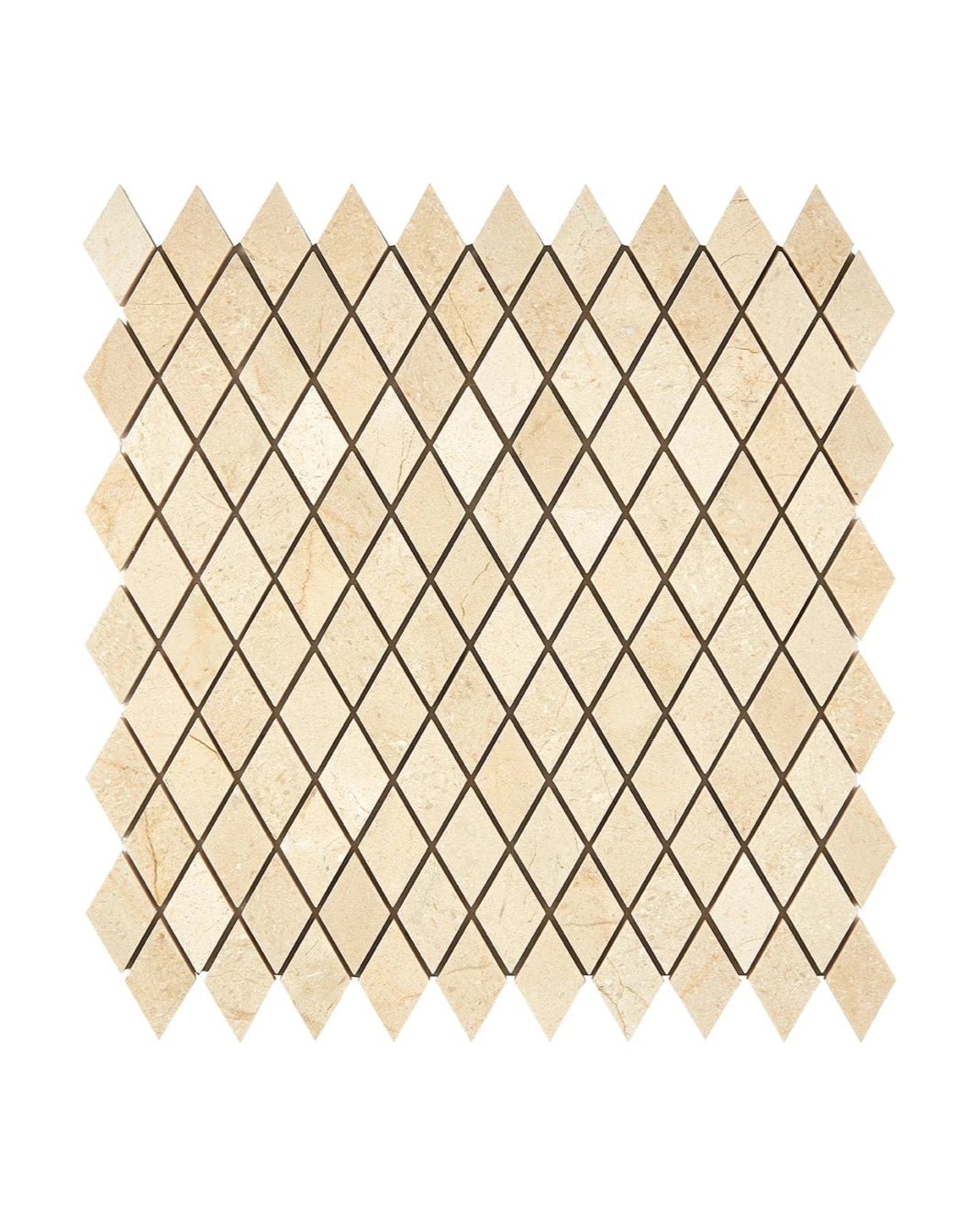 Crema Marfil 1×2 diamond marble mosaic in polished or honed finish.