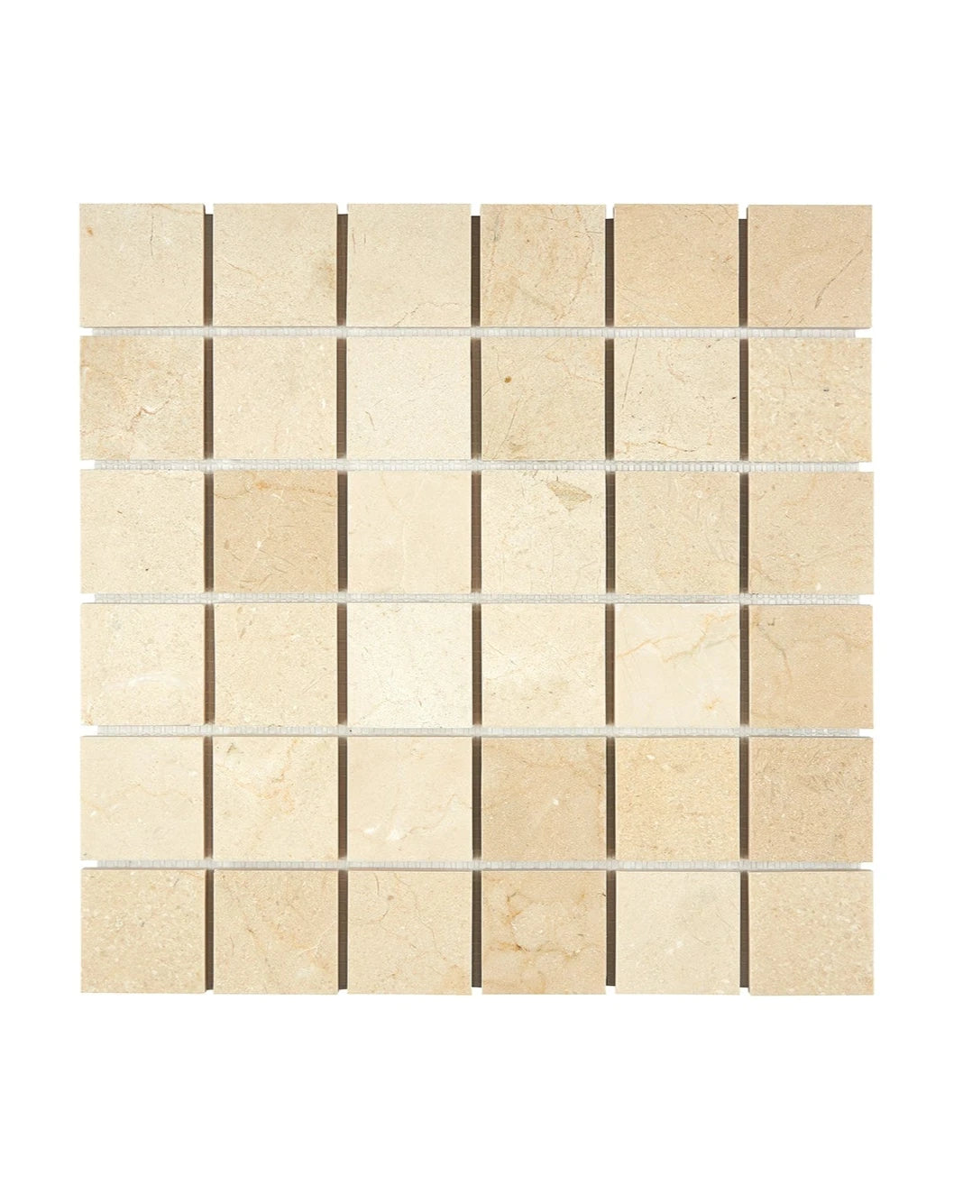 Crema Marfil 2×2 square marble mosaic in polished or honed finish.
