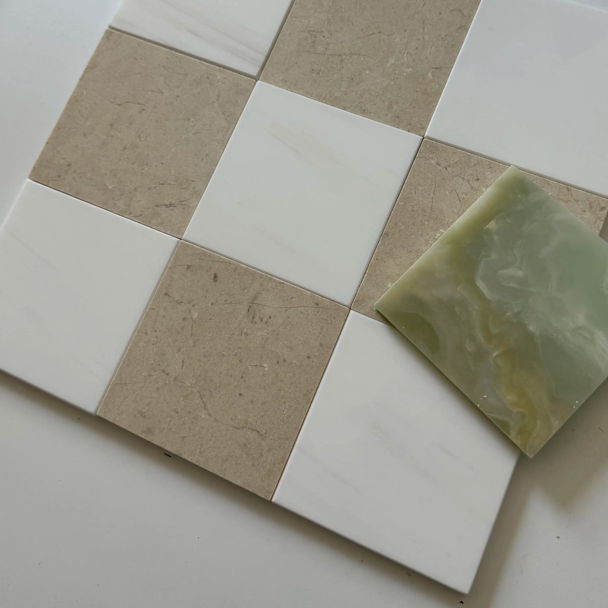 Crema Marfil & Bianco Dolomite multi-size polished or honed natural-stone checkerboard tile pattern.