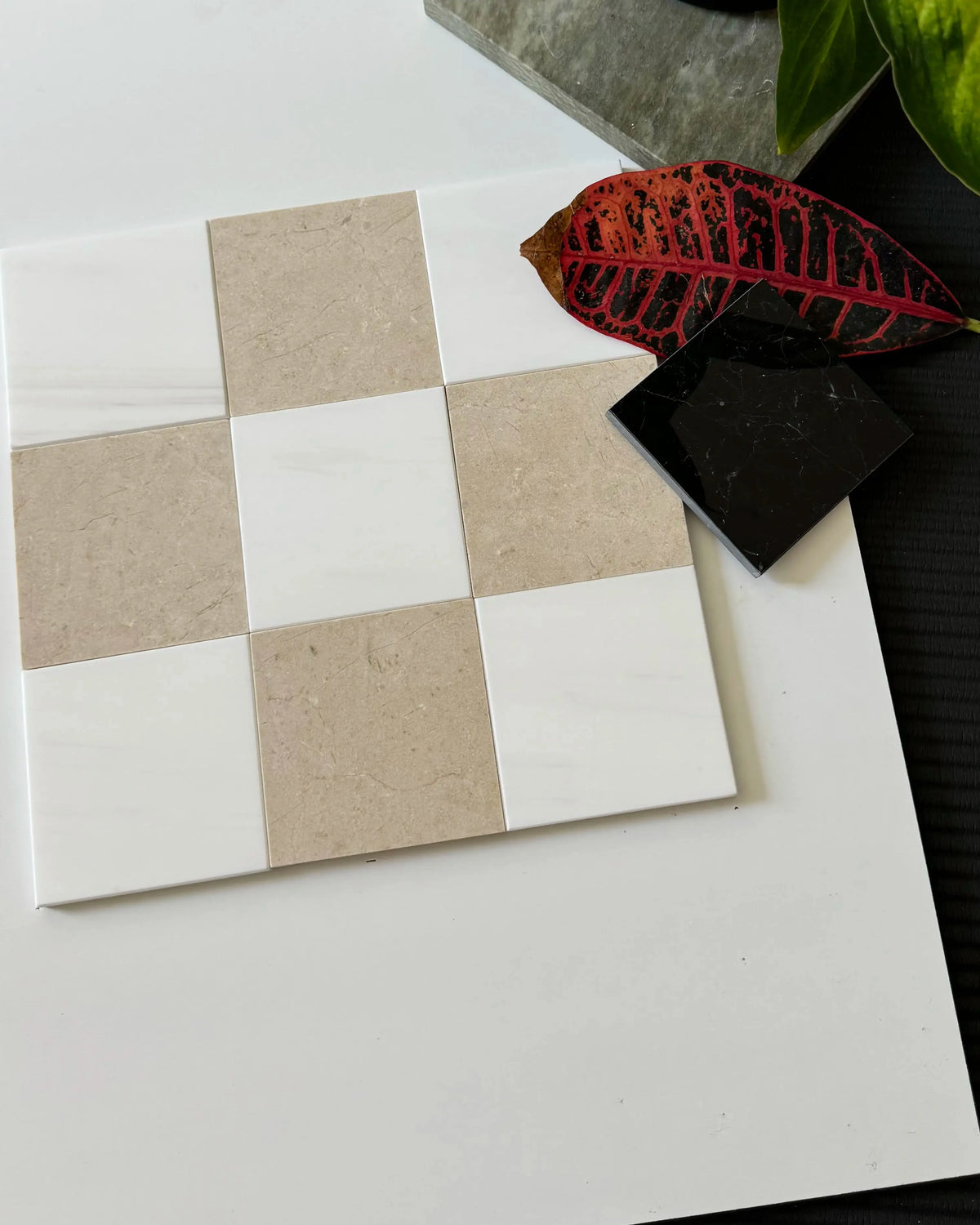 Crema Marfil & Bianco Dolomite multi-size polished or honed natural-stone checkerboard tile pattern.