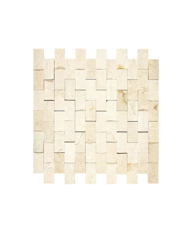 Crema Marfil marble 1×2 split-face mosaic with a dimensional beige surface.