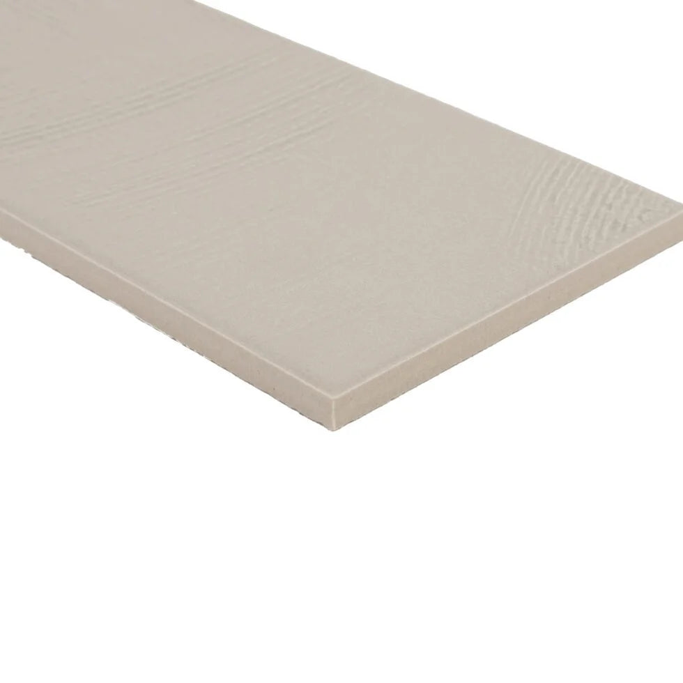 Stria Dune Beige 3.5×7 porcelain tile edge detail showing the matte striated surface.