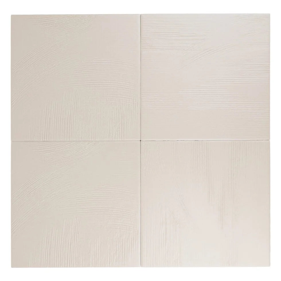Stria Dune Beige 7×7 porcelain tiles arranged to show color and texture variation.