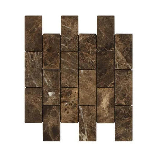 Emperador Dark 2×4 brick mosaic primary image whose filename identifies Tumbled although the product is Polished.