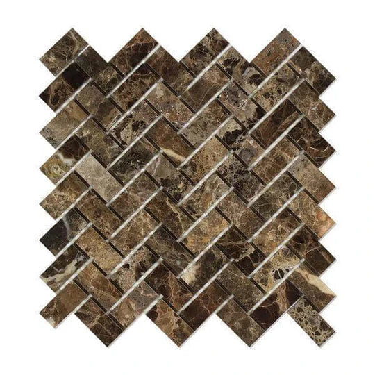 Emperador Dark polished 1×2 herringbone marble mosaic.