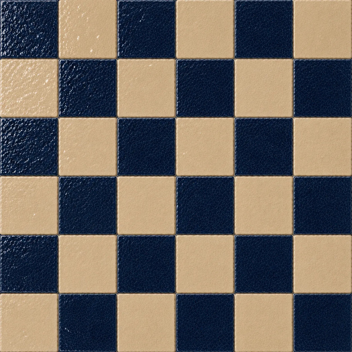Pattern repeat of Geneviève 4×4 Zellige checkerboard in Indigo & Sand.