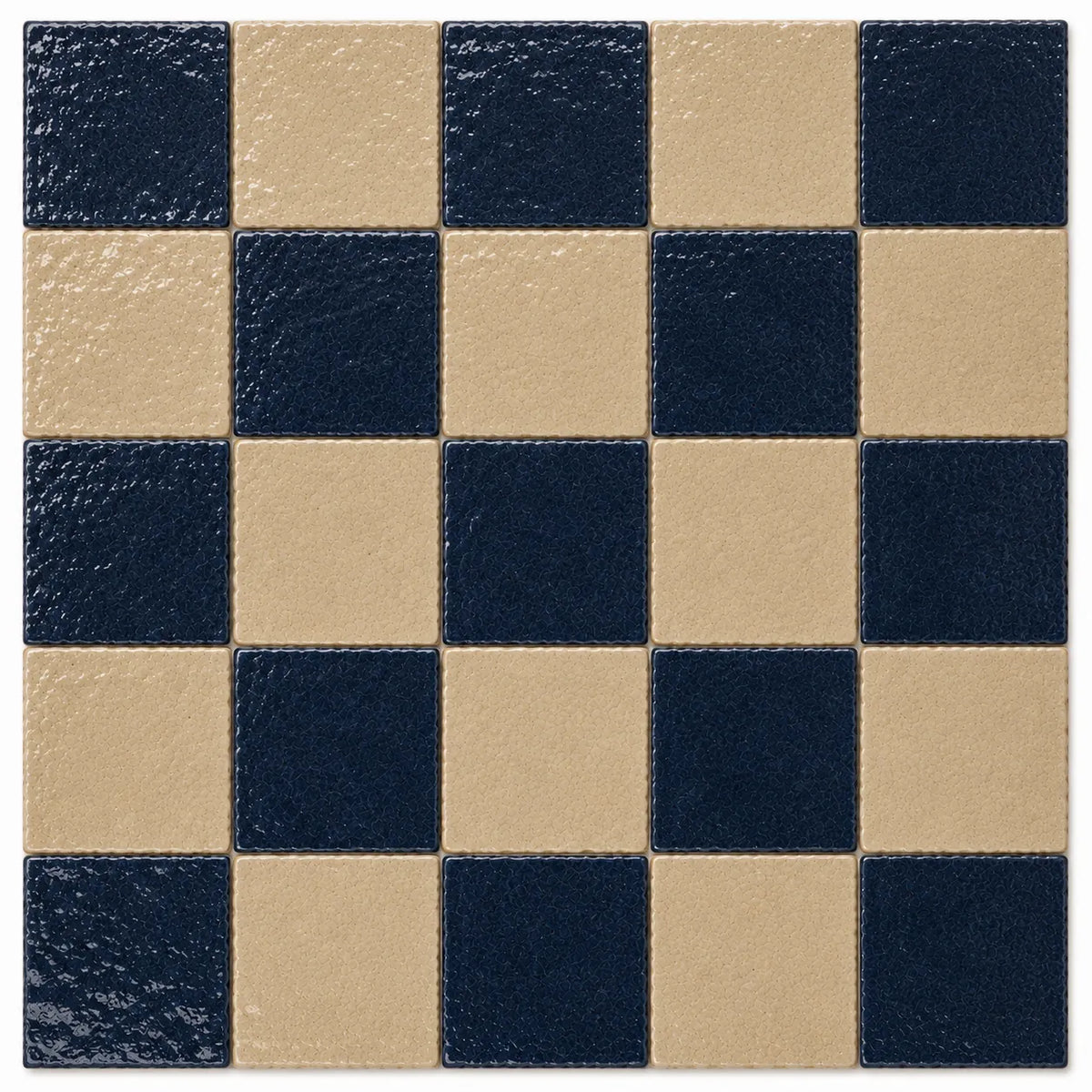 Geneviève 4×4 glossy Zellige checkerboard tile in Indigo & Sand.