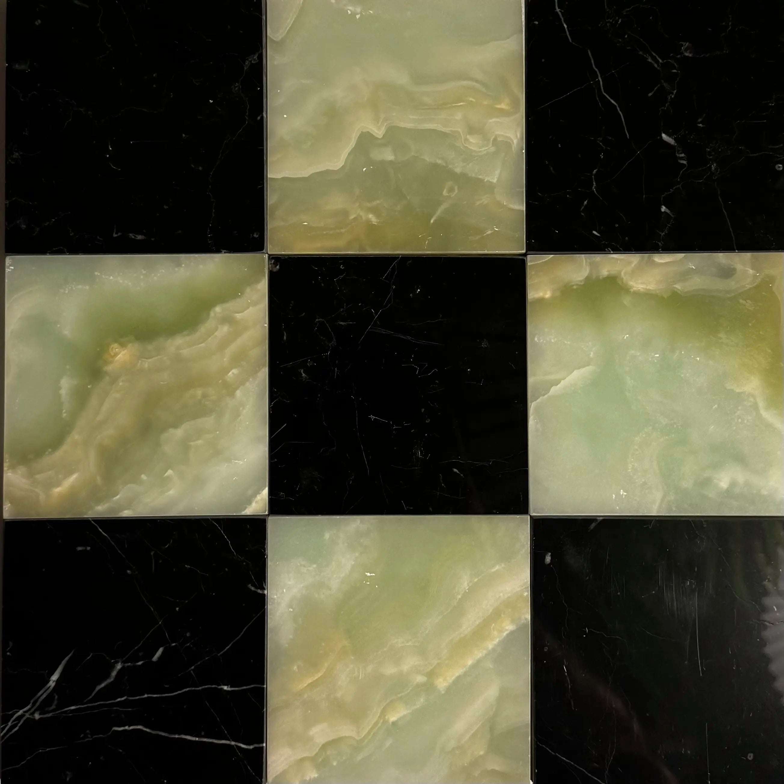 Green Onyx & Nero Marquina multi-size polished natural-stone checkerboard tile pattern.