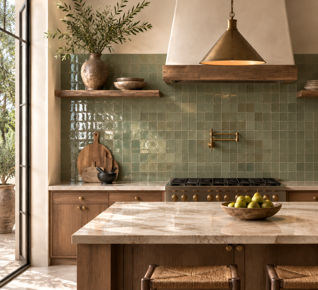 Luxury Mediterranean kitchen featuring handmade Moroccan Oasis Green Zellige tiles with a glossy artisan glaze, natural wood cabinetry, brass fixtures, and warm architectural details.